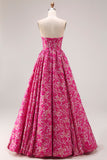 Fuchsia Flower Strapless Jacquard Corset A-Line Long Prom Dress
