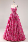 Fuchsia Flower Strapless Jacquard Corset A-Line Long Prom Dress