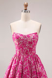 Fuchsia Flower Strapless Jacquard Corset A-Line Long Prom Dress