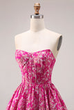 Fuchsia Flower Strapless Jacquard Corset A-Line Long Prom Dress