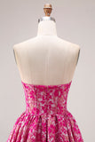 Fuchsia Flower Strapless Jacquard Corset A-Line Long Prom Dress