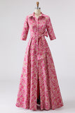 Fuchsia Flower Shirt Collar A Line Long Mother of the Bride Dress with Sleeves