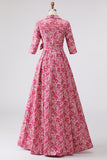 Fuchsia Flower Shirt Collar A Line Long Mother of the Bride Dress with Sleeves