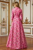 Fuchsia Flower Shirt Collar A Line Long Mother of the Bride Dress with Sleeves
