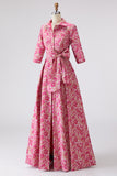 Fuchsia Flower Shirt Collar A Line Long Mother of the Bride Dress with Sleeves
