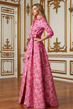 Fuchsia Flower Shirt Collar A Line Long Mother of the Bride Dress with Sleeves