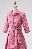 Fuchsia Flower Shirt Collar A Line Long Mother of the Bride Dress with Sleeves