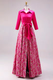 A Line Shirt Collar Fuchsia Floral Satin Long Mother of the Bride Dress with Sleeves