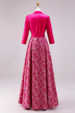 A Line Shirt Collar Fuchsia Floral Satin Long Mother of the Bride Dress with Sleeves