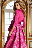 A Line Shirt Collar Fuchsia Floral Satin Long Mother of the Bride Dress with Sleeves