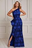 One Shoulder Mermaid Royal Blue Printed Mother of the Bride Dress with Slit