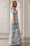 Blue Flower Off the Shoulder A-Line Long Mother of the Bride Dress
