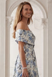 Blue Flower Off the Shoulder A-Line Long Mother of the Bride Dress