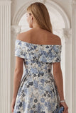 Blue Flower Off the Shoulder A-Line Long Mother of the Bride Dress