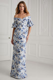 Blue Flower Off the Shoulder Short Sleeves Sheath Long Mother of the Bride Dress