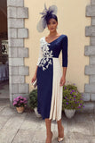 Navy A-Line V-Neck Midi Appliqued Mother of the Bride Dress