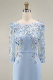 Light Blue Bateau Neck Bodycon Appliqued Midi Mother of the Bride Dress with 3/4 Sleeves