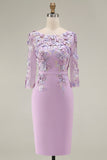 Light Blue Bateau Neck Bodycon Appliqued Midi Mother of the Bride Dress with 3/4 Sleeves