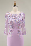 Light Blue Bateau Neck Bodycon Appliqued Midi Mother of the Bride Dress with 3/4 Sleeves