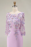 Light Blue Bateau Neck Bodycon Appliqued Midi Mother of the Bride Dress with 3/4 Sleeves