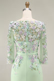 Light Blue Bateau Neck Bodycon Appliqued Midi Mother of the Bride Dress with 3/4 Sleeves