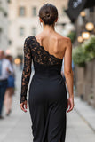 Black One Shoulder Sheath Ruched Midi Mother of the Bride Dress with Slit