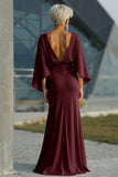 Silver Sheath 3/4 Sleeves Open Back Long Mother of the Bride Dress with Pockets