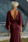 Silver Sheath 3/4 Sleeves Open Back Long Mother of the Bride Dress with Pockets