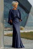 Silver Sheath 3/4 Sleeves Open Back Long Mother of the Bride Dress with Pockets