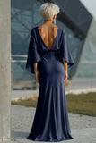 Silver Sheath 3/4 Sleeves Open Back Long Mother of the Bride Dress with Pockets