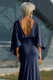 Silver Sheath 3/4 Sleeves Open Back Long Mother of the Bride Dress with Pockets