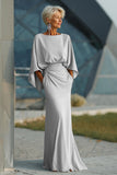 Silver Sheath 3/4 Sleeves Open Back Long Mother of the Bride Dress with Pockets