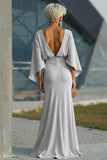 Silver Sheath 3/4 Sleeves Open Back Long Mother of the Bride Dress with Pockets