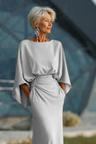 Silver Sheath 3/4 Sleeves Open Back Long Mother of the Bride Dress with Pockets