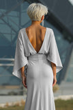 Silver Sheath 3/4 Sleeves Open Back Long Mother of the Bride Dress with Pockets