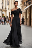 Black One Shoulder Ruched Long Mother of the Bride Dress with Lace