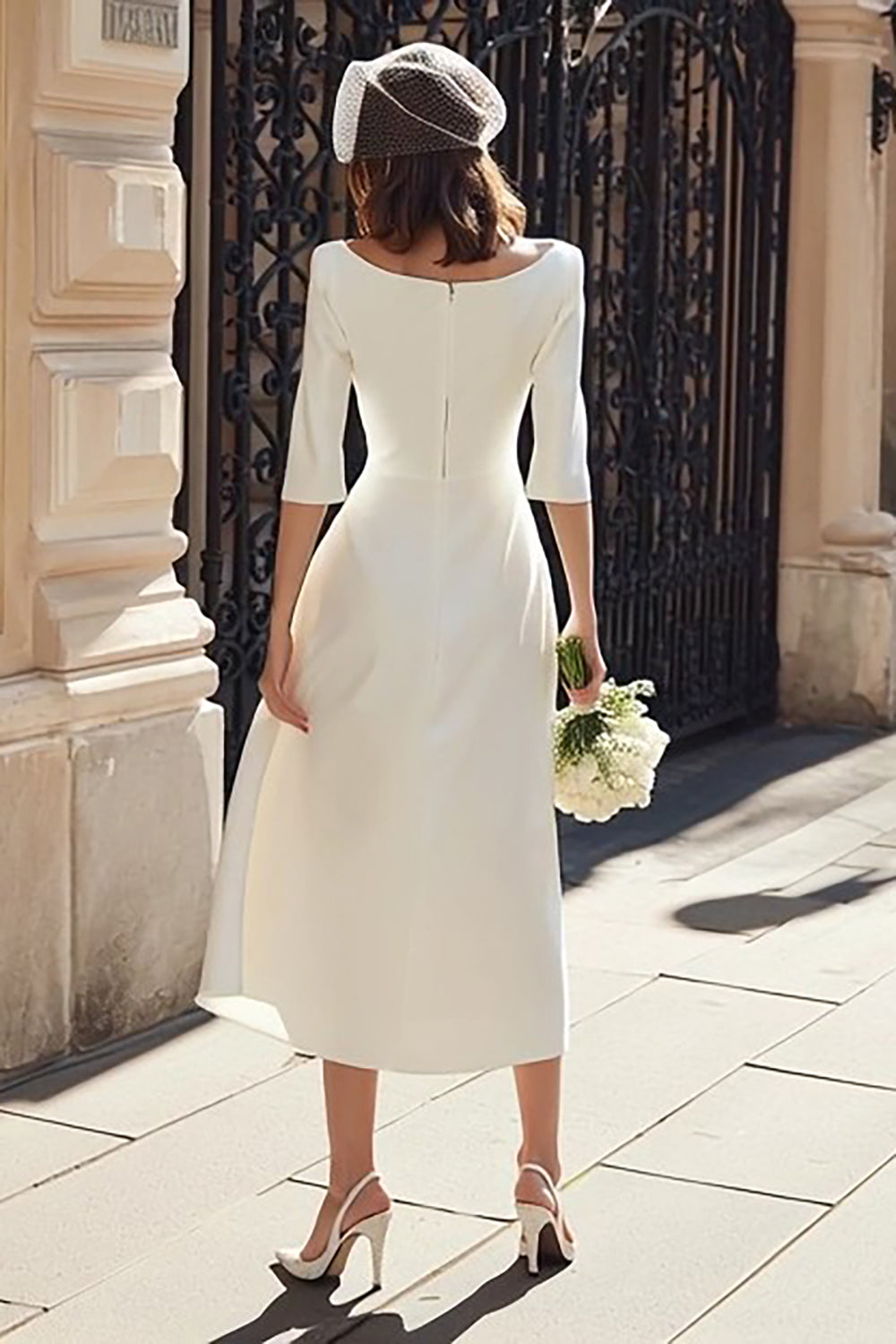 boat neck midi white dress RTS Midi Satin Wedding Dress With Boat Neck Brianna Midi