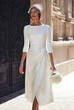 A Line Ivory Satin Boat Neck Midi Graduation Dress with Sleeves