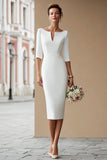 Ivory Mermaid Satin Round Neck Midi Formal Dress with Sleeves