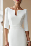 Ivory Mermaid Satin Round Neck Midi Formal Dress with Sleeves