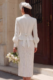 Ivory 2 Piece Notched Lapel Long Sleeves Midi Engagement Dress