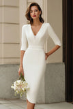 Ivory Bodycon V-Neck Half Sleeve Midi Egagement Dress
