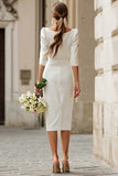 Ivory Bodycon Square Neck Tea Length Engagement Dress with Slit