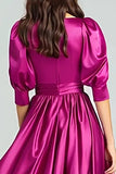 Fuchsia Satin Half Sleeves A Line Long Formal Dress