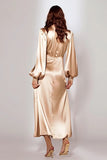 Champagne V-Neck Satin Long Sleeves Formal Dress