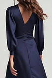 Navy Satin V Neck Ruched Long Sleeves Formal Dress