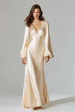Champagne V-Neck Satin Sheath Long Formal Dress