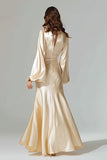 Champagne V-Neck Satin Sheath Long Formal Dress
