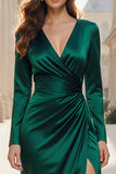 Dark Green Satin Sheath V-Neck Long Formal Dress with Slit