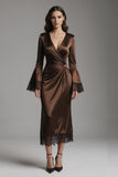 Coffee Satin Sheath Long Sleeves Formal Dress with Lace